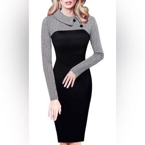 HOMEYEE Women's Retro Chic Colorblock Lapel Career Tunic Dress B238
